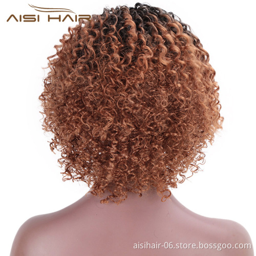 Aisi Hair Ombre Brown Kinky Curly Short Wigs Heat Resistant Synthetic Fiber Afro Curly Short Bob Wigs for Women